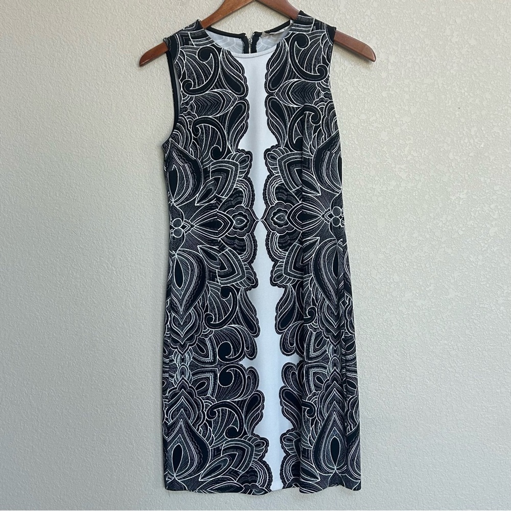Boston Proper Women’s 6 Black White Sleeveless Sheath Dress Back Zip Party